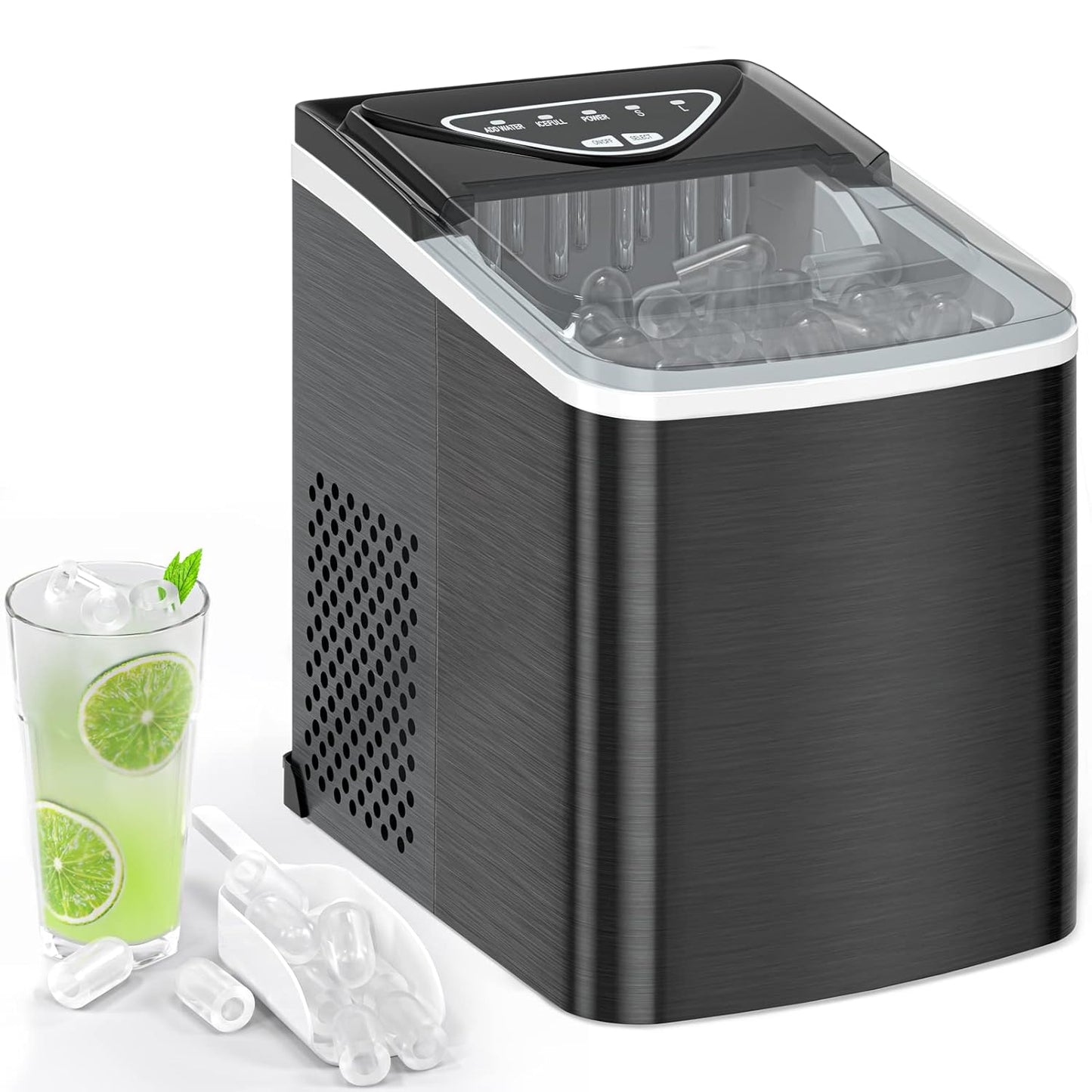Compact Self-Cleaning Ice Maker - 26L/24H, 9 Ice Cubes in 6-8 Mins