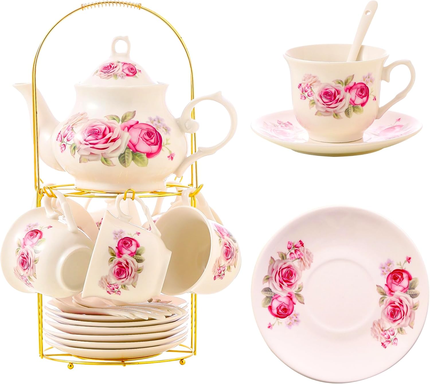 20-Piece Tea Set with Golden Metal Rack for Elegant Gatherings