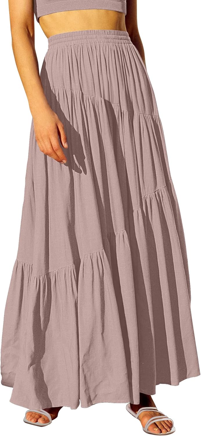 Womens Boho Elastic High Waist Pleated A-Line Maxi Skirt