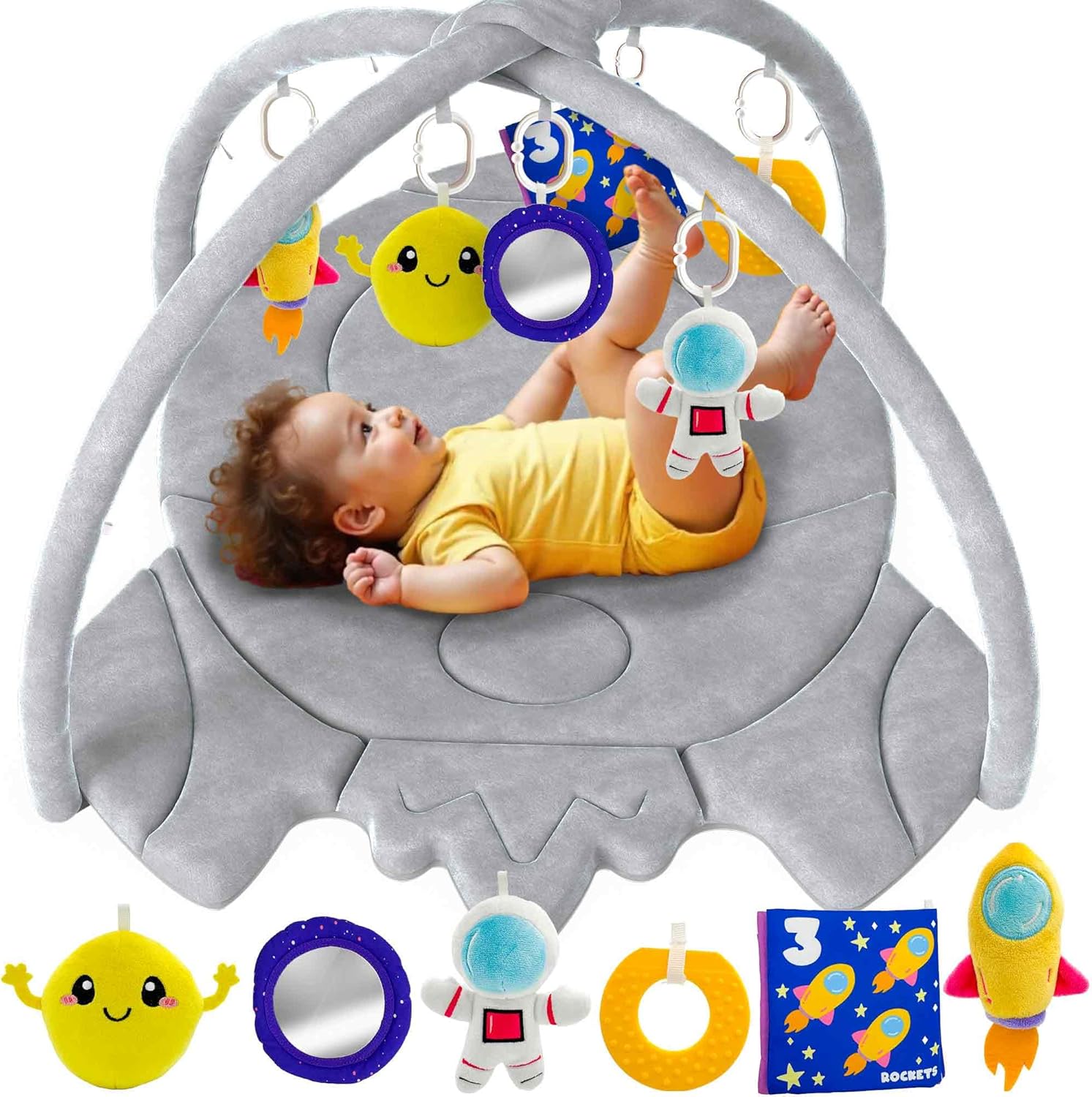 QUOKKA Baby Play Gym XL Rocket-Shaped Mat with Sensory Toys