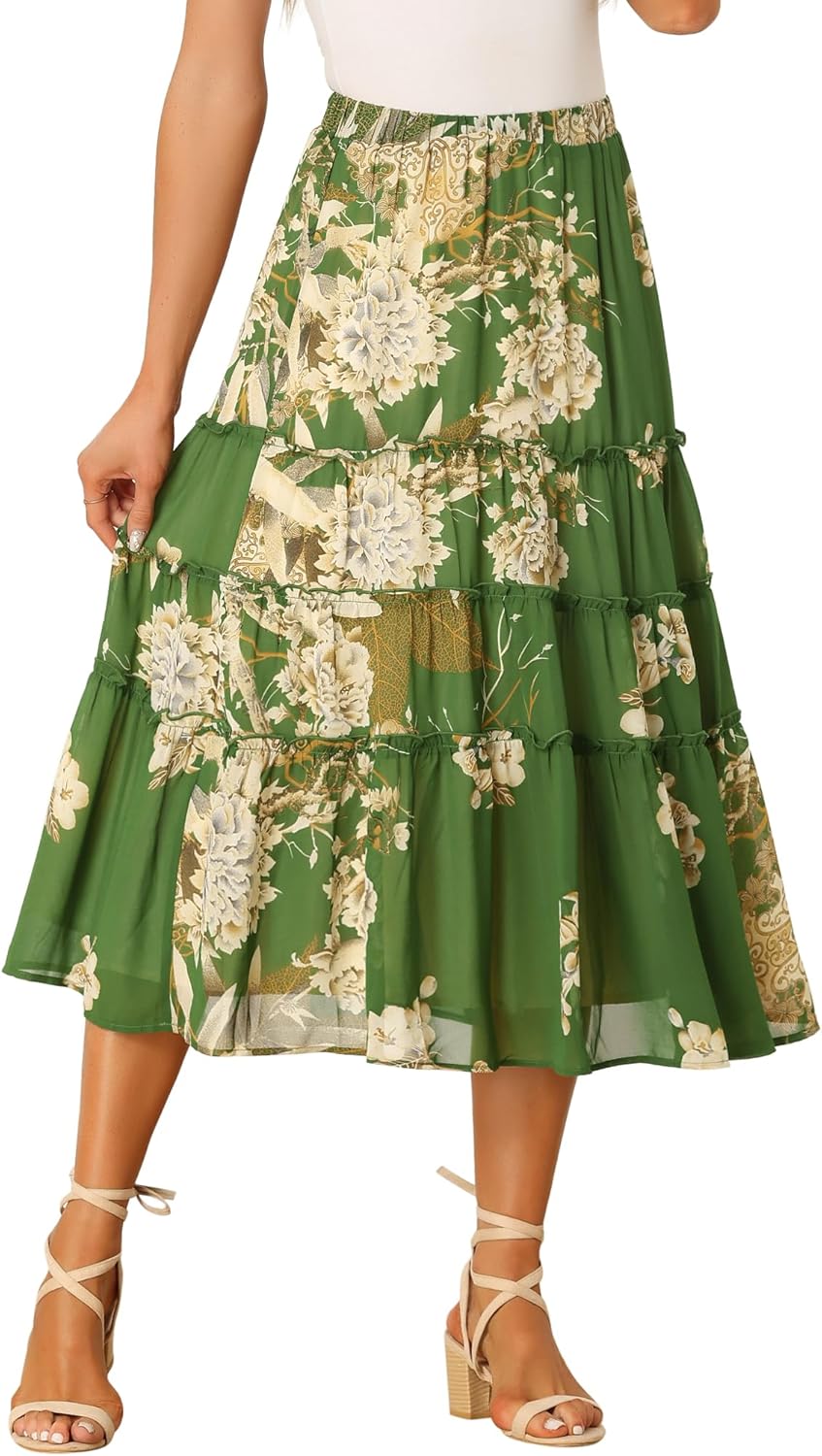 Allegra K Women's Floral Skirt: Boho Chiffon A-line Midi