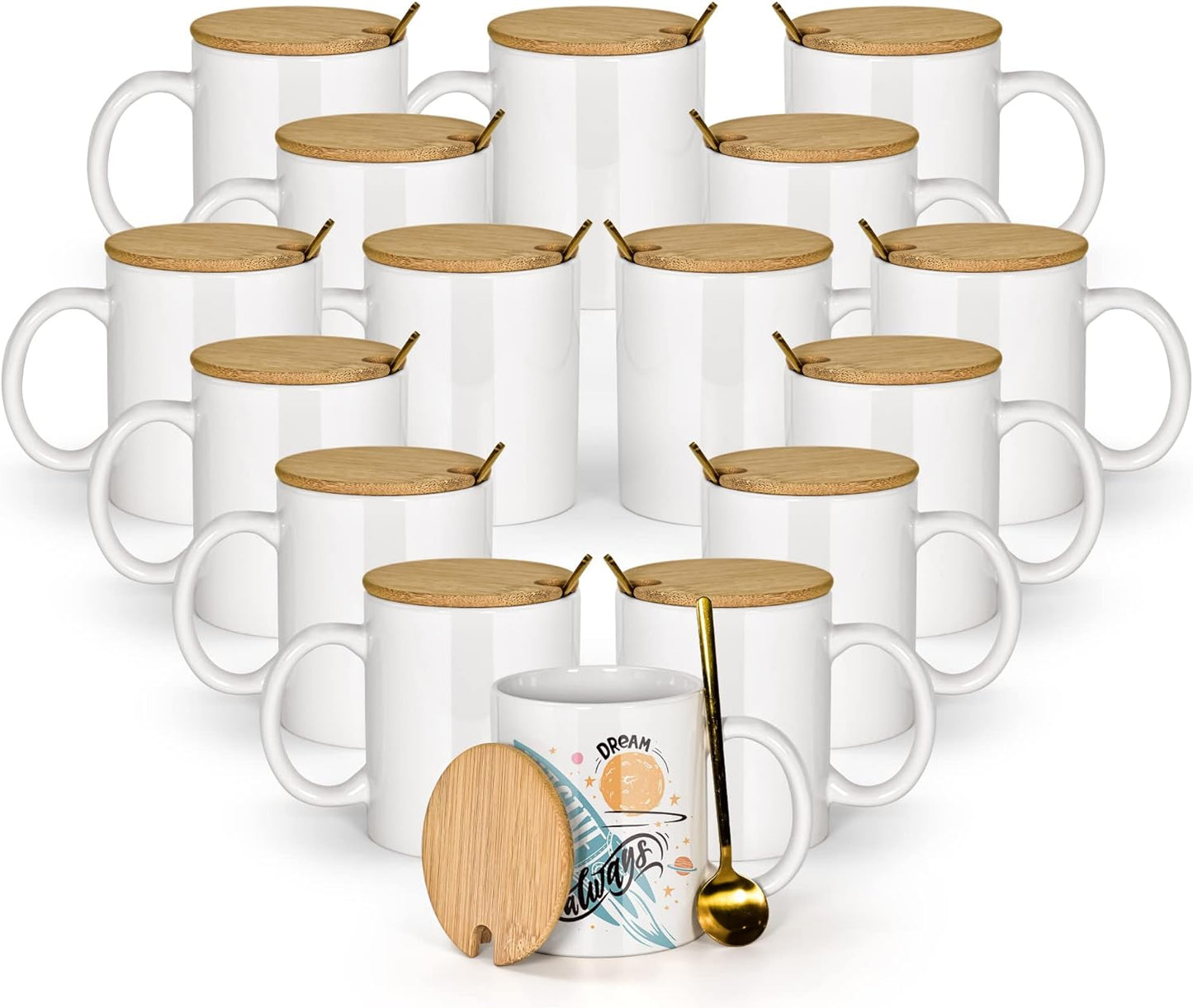 11 Oz Sublimation Mugs with Bamboo Lids and Spoons for Gifts