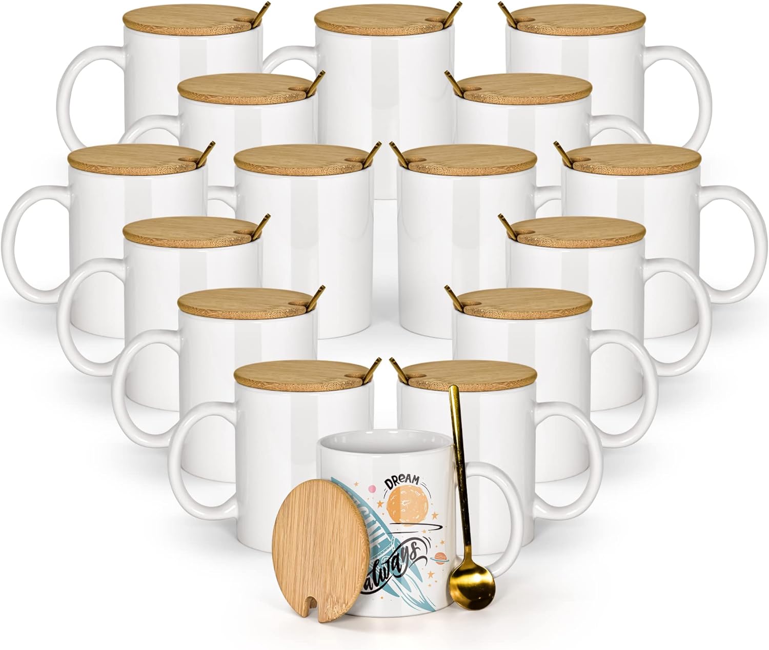 11 Oz Sublimation Mugs with Bamboo Lids and Spoons for Gifts