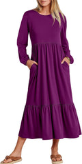 Long Sleeve Midi Dresses for Women - Oversized Tiered Flowy Dress