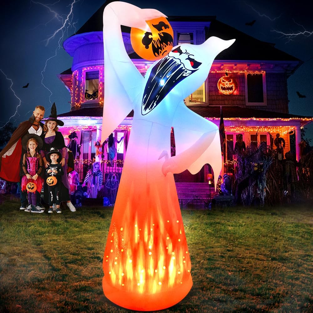 10 FT Halloween Inflatables Ghost with Pumpkin for Spooky Decor