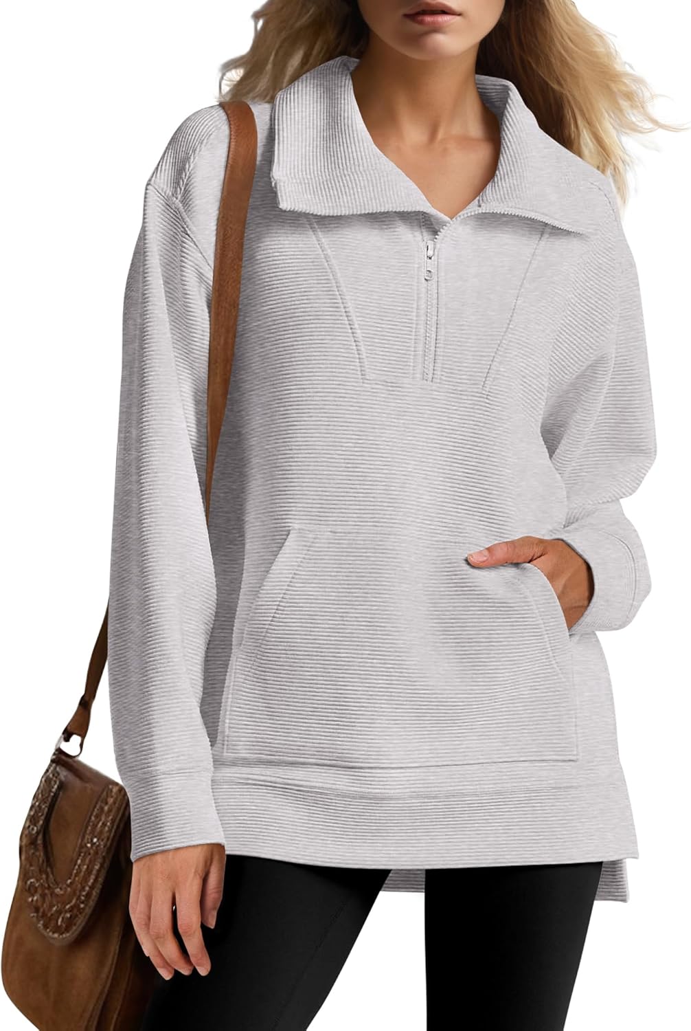 Oversized Quarter Zip Long Sleeve Tunic Sweatshirt for Women