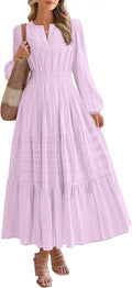 Fall Maxi Dress V Neck Long Sleeve Elastic Waist - Flattering Everyday