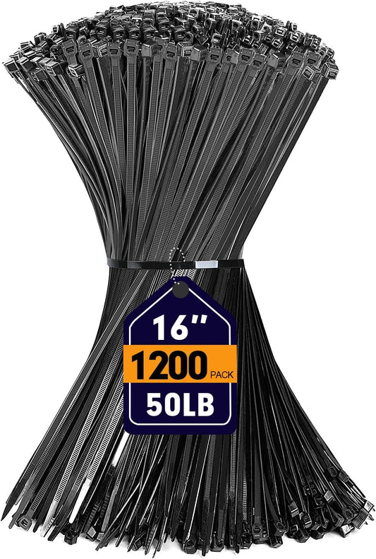 RAZCC 1200pcs 16 Heavy Duty Zip Ties - 50lb Strength