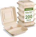 200 COUNT Harvest Pack 10 x 10 in Compostable 3-Compartment Clamshell
