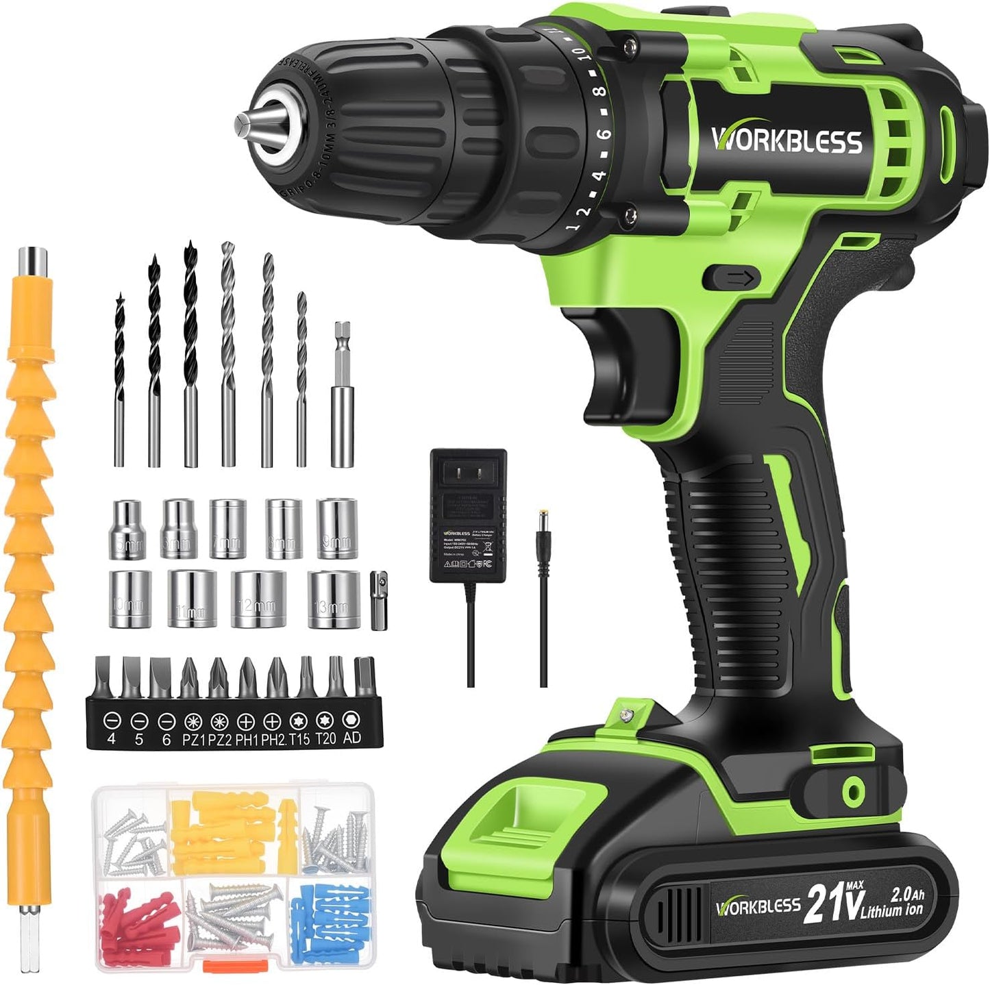 WORKBLESS Cordless Drill Set with Battery and Charger for DIY