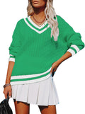 InterNos Women's V Neck Striped Cable Knit Sweater - Preppy Slouchy