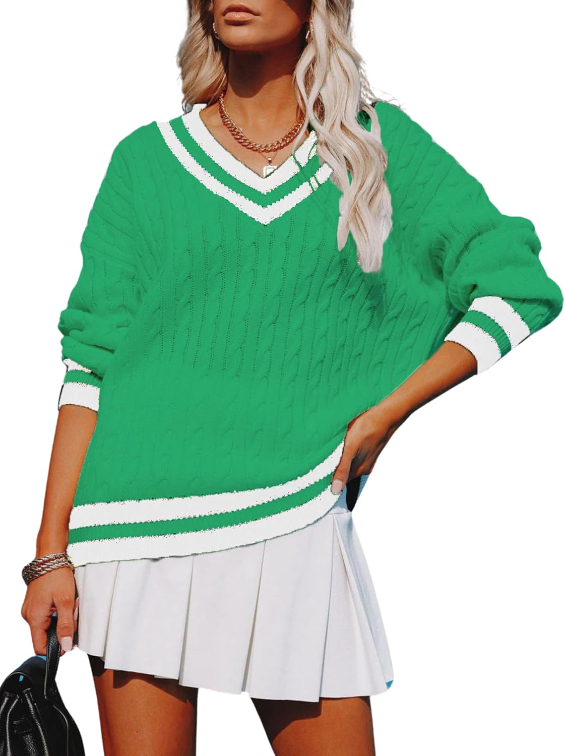 InterNos Women's Casual V Neck Long Sleeve Sweater Trendy Striped
