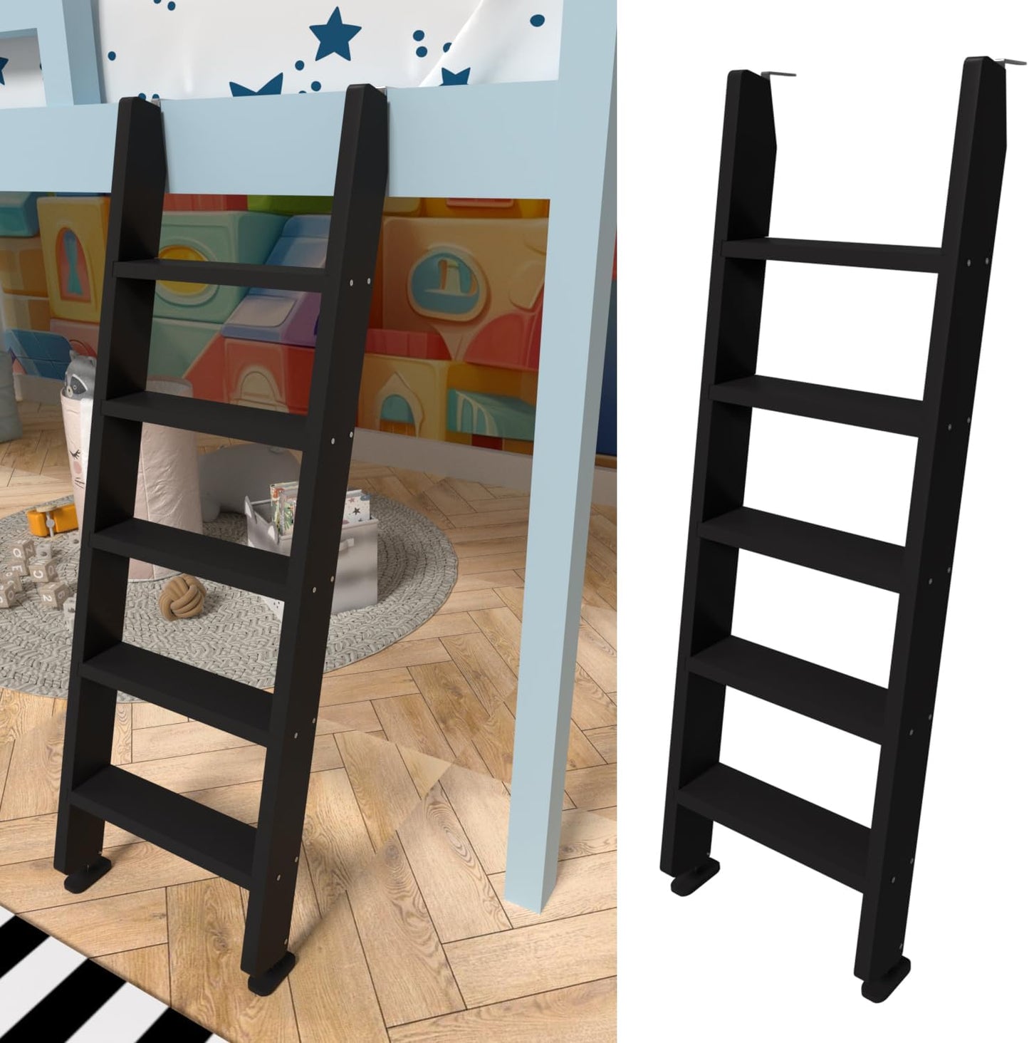 Black Wood Bunk Bed Ladder with Extra Deep Steps for Safety