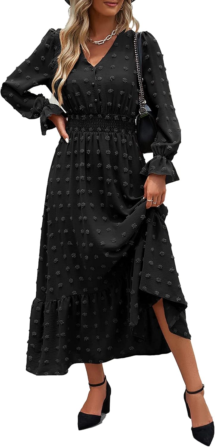MASCOMODA Women Maxi Dress 2025 Fall Long Sleeve V Neck Style