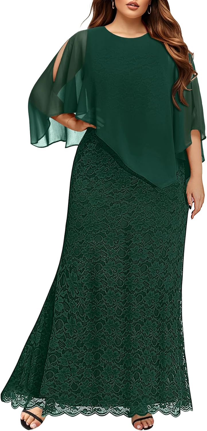 Women's Plus Size Cape Dress with Chiffon Overlay for Elegance