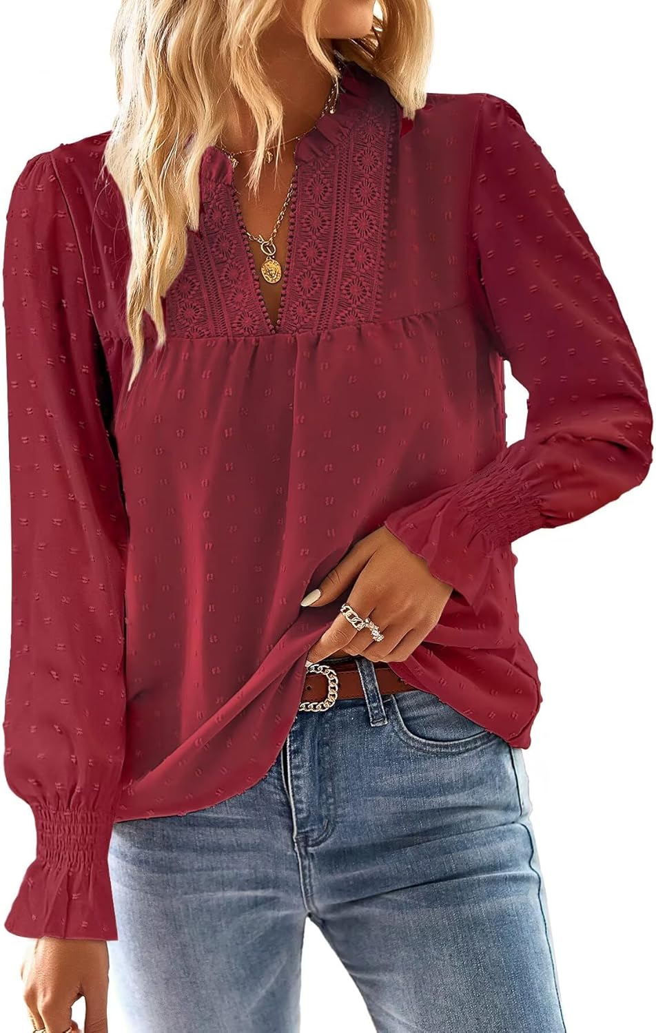 Boho Tops for Women V Neck Blouses Flowy Swiss Dot Style