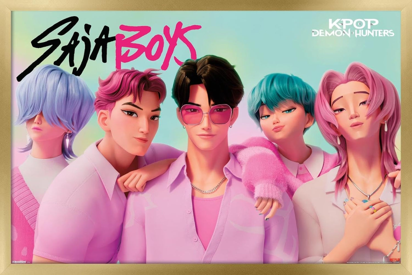 Netflix KPop Demon Hunters Saja Boys Wall Poster Gold Framed