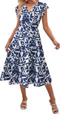 Womens Summer Casual Midi Dress with Pockets - Flowy Ruffle V Neck