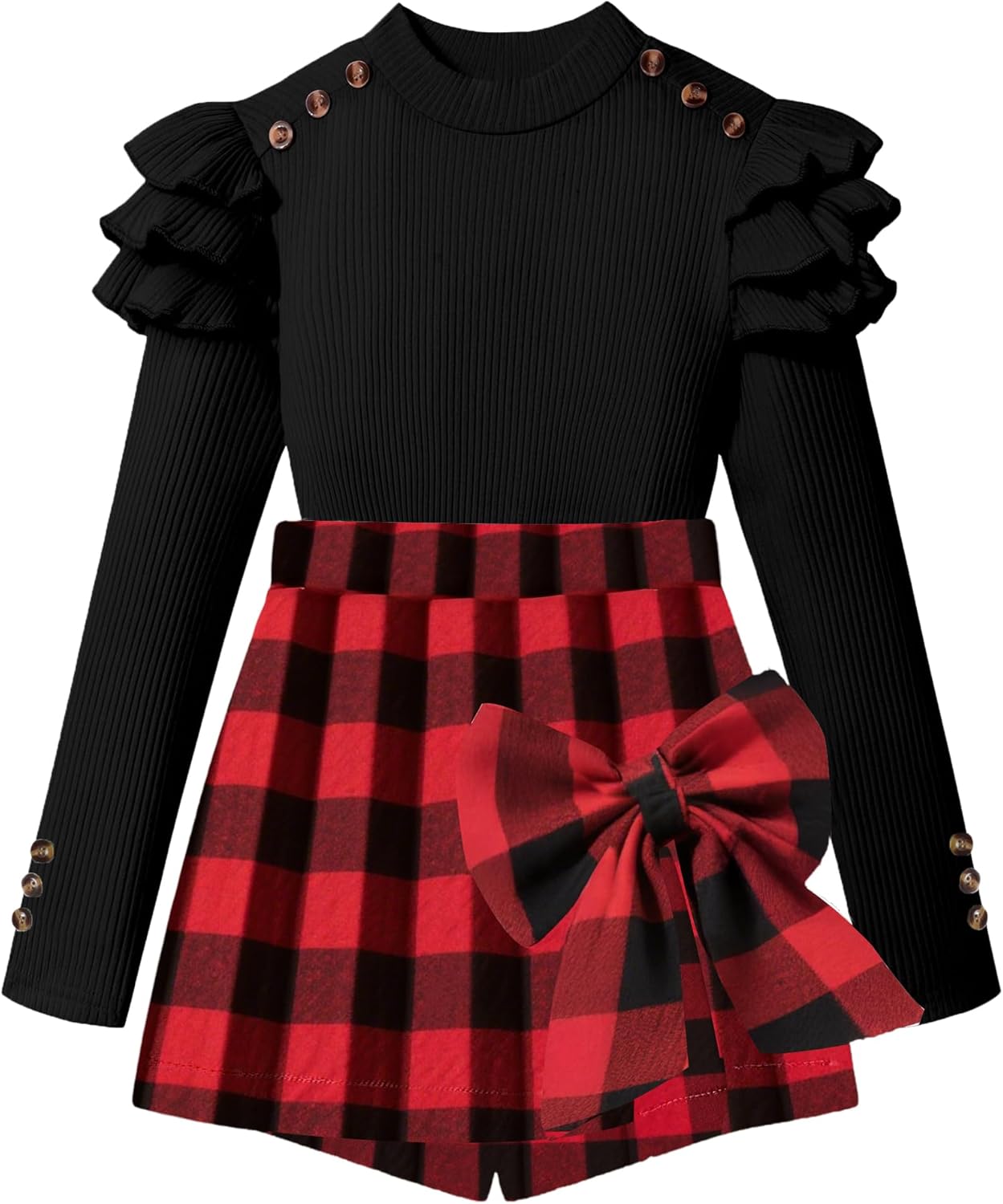 Girls Clothes Ruffle Long Sleeve Top and Bowtie Plaid Skort Set
