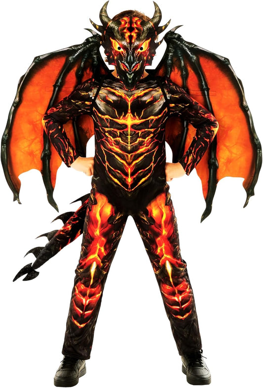 Morph Lava Dragon Costume for Kids with Wings - Red Fire Lizard