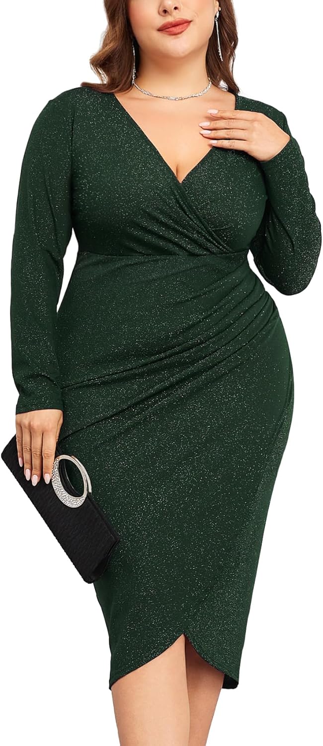 Plus Size Sparkly Glitter Ruched Bodycon Midi Dress for Parties