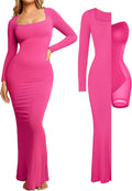 Long Sleeve Maxi Dress with Built-in Shapewear for Women - Square Neck