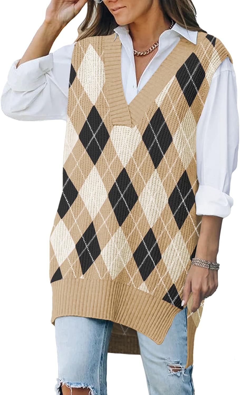 Viottiset Women's Oversized V Neck Knit Sweater Vest Tunic