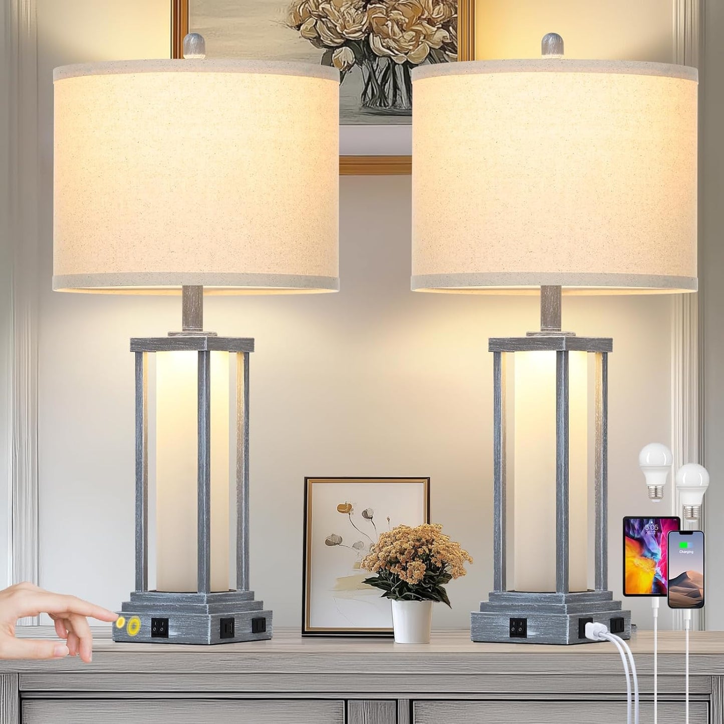 27 Tall Vintage Table Lamp Set of 2 with USB C+A & Outlet
