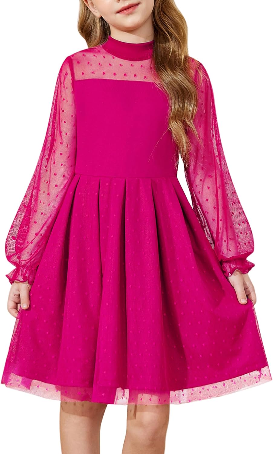 Arshiner Girls Dresses Contrast Mesh Puff Long Sleeve A Line