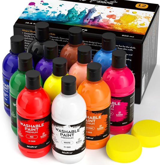 Nicpro 12 Colors Large Washable Paint Set for Kids Art Projects