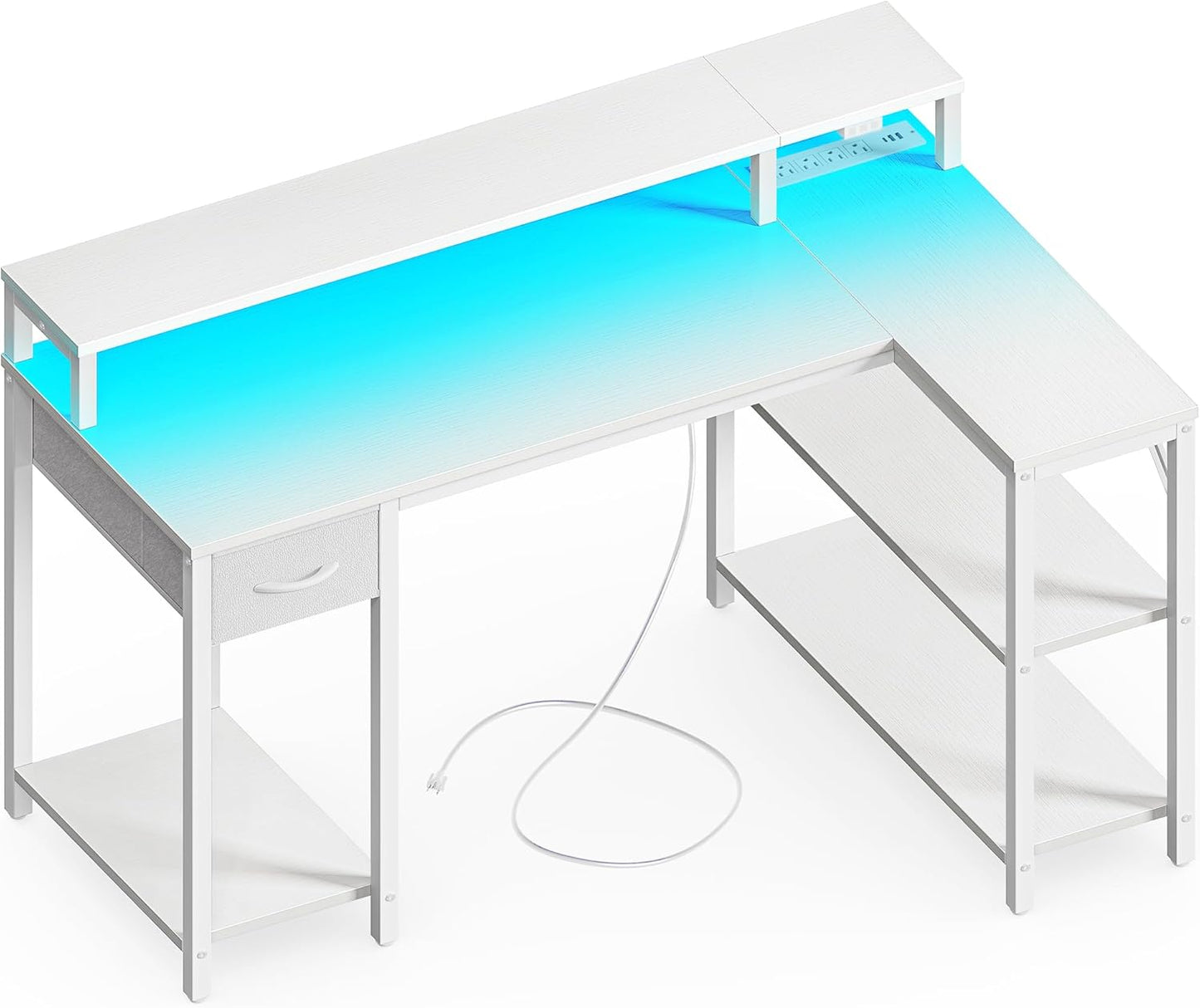 47 Reversible L-Shaped Desk with LED Lights & Power Outlets
