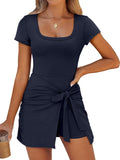Women Summer Square Neck Bodycon Tie Cinched Waist Romper Dress
