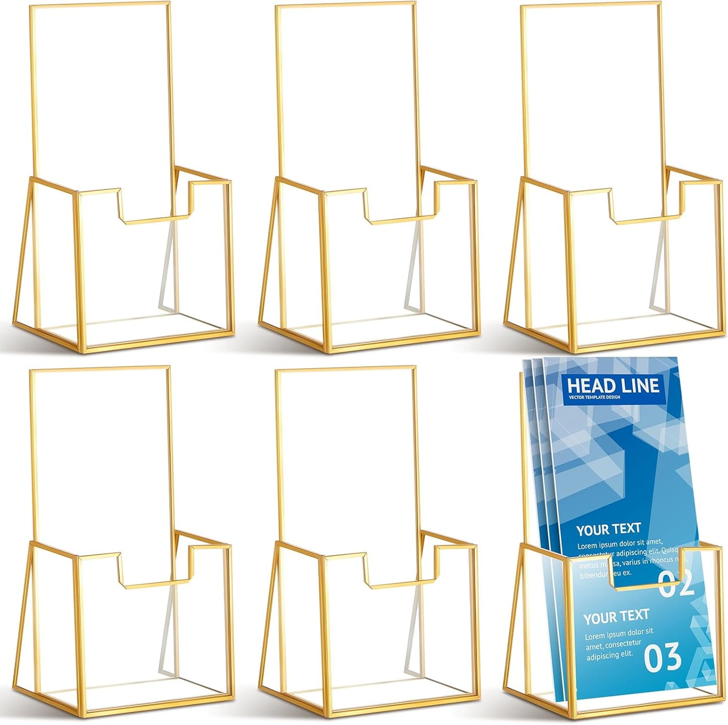 6 Pcs Gold Glass Brochure Holder for Trifold Pamphlet Display