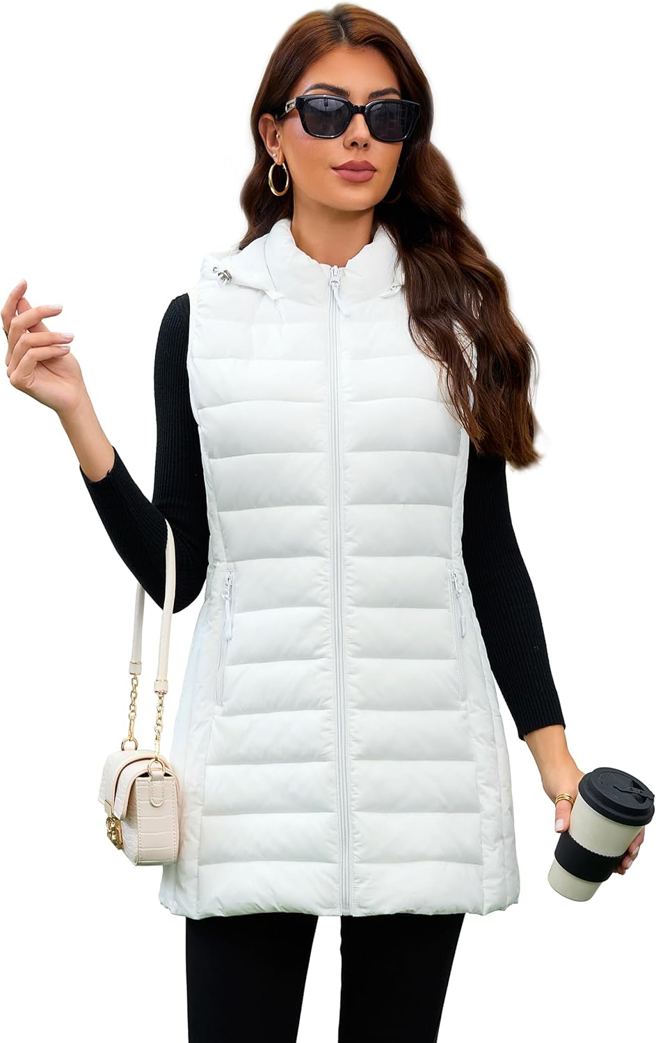 Long Puffer Vest for Women with Hood - Lightweight & Packable