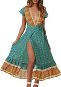 Bohemian Floral Printed Wrap V Neck Maxi Dress for Beach Parties