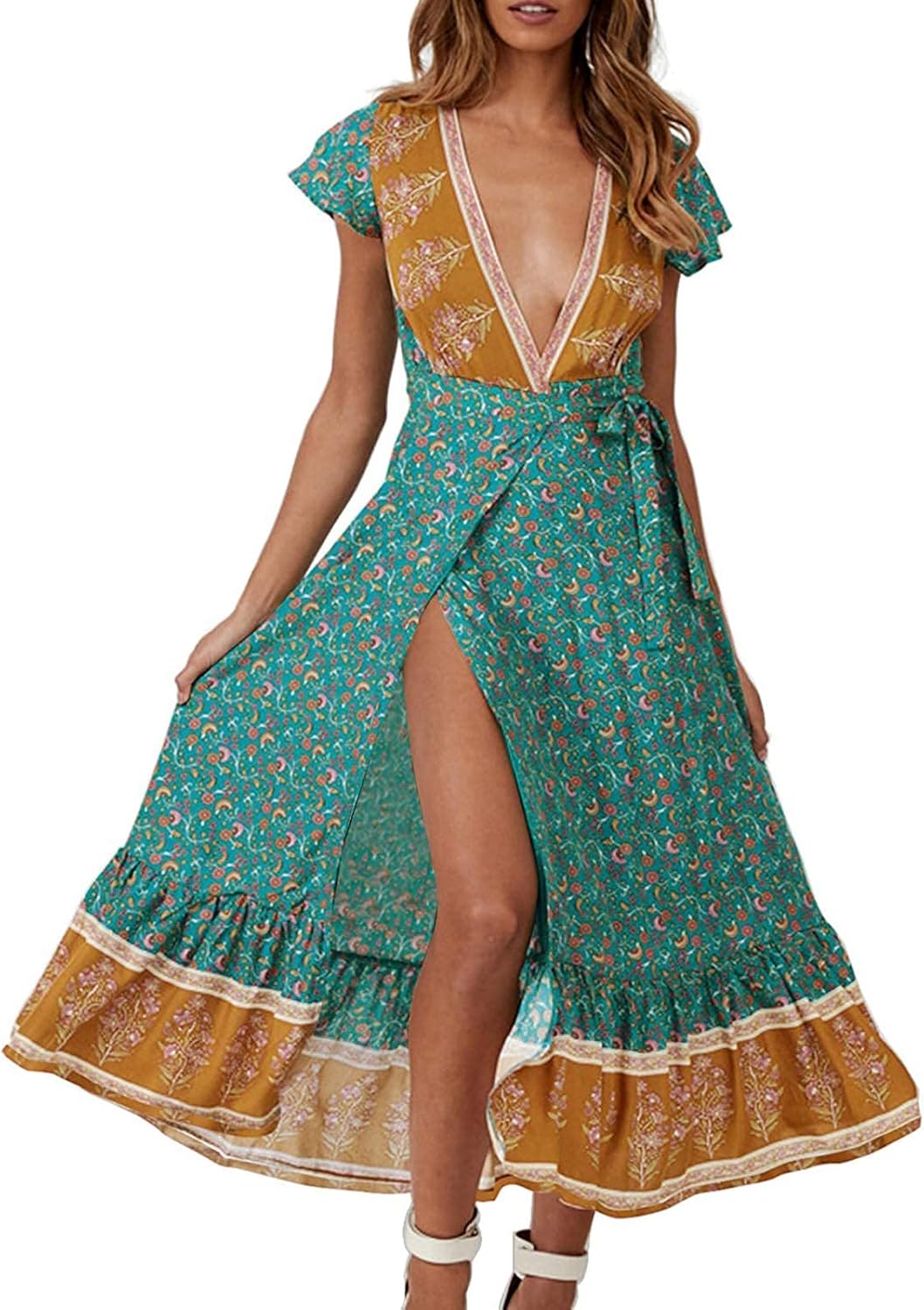 Bohemian Floral Printed Wrap V Neck Maxi Dress for Beach Parties