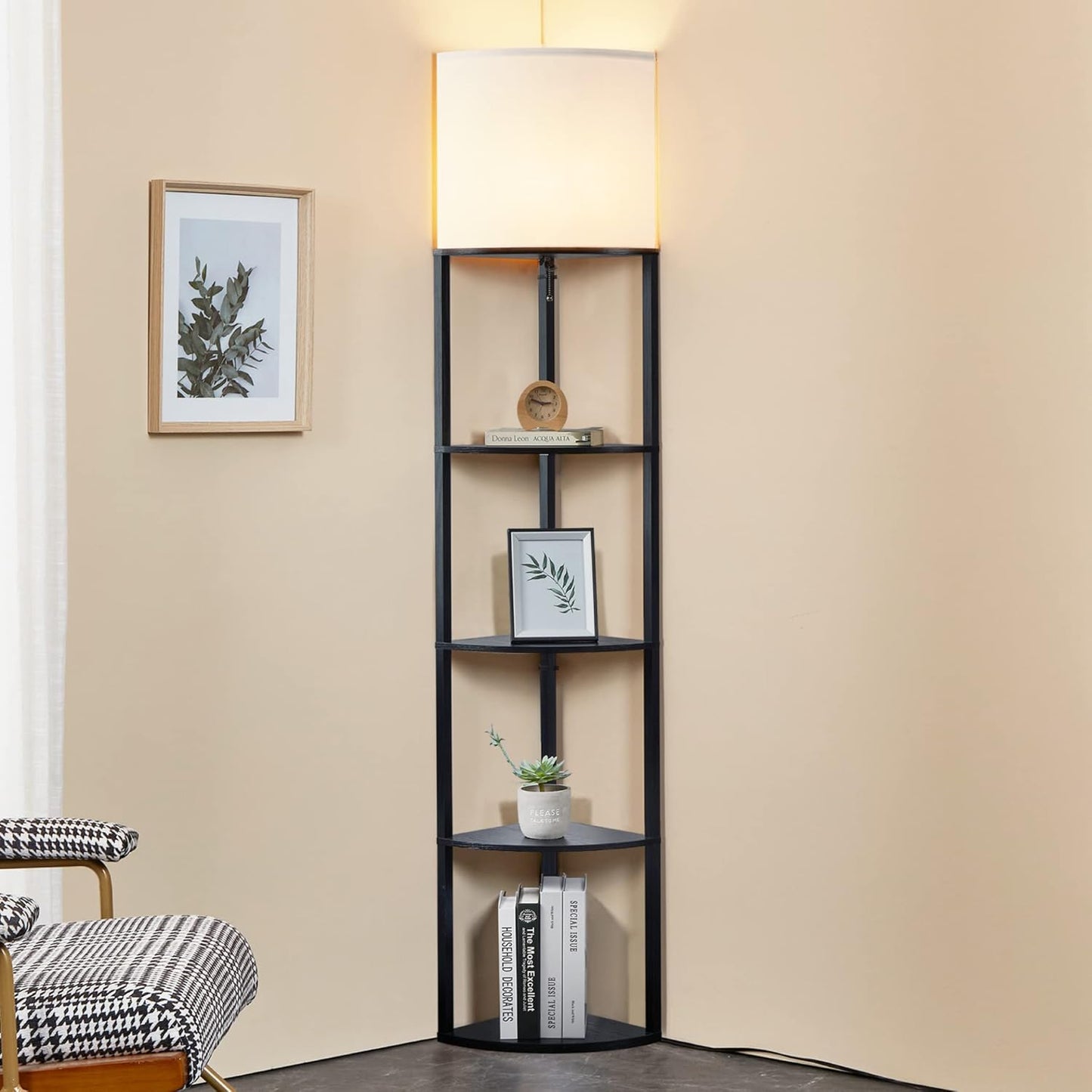 ATAMIN Corner Floor Lamp with Shelves for Cozy Spaces