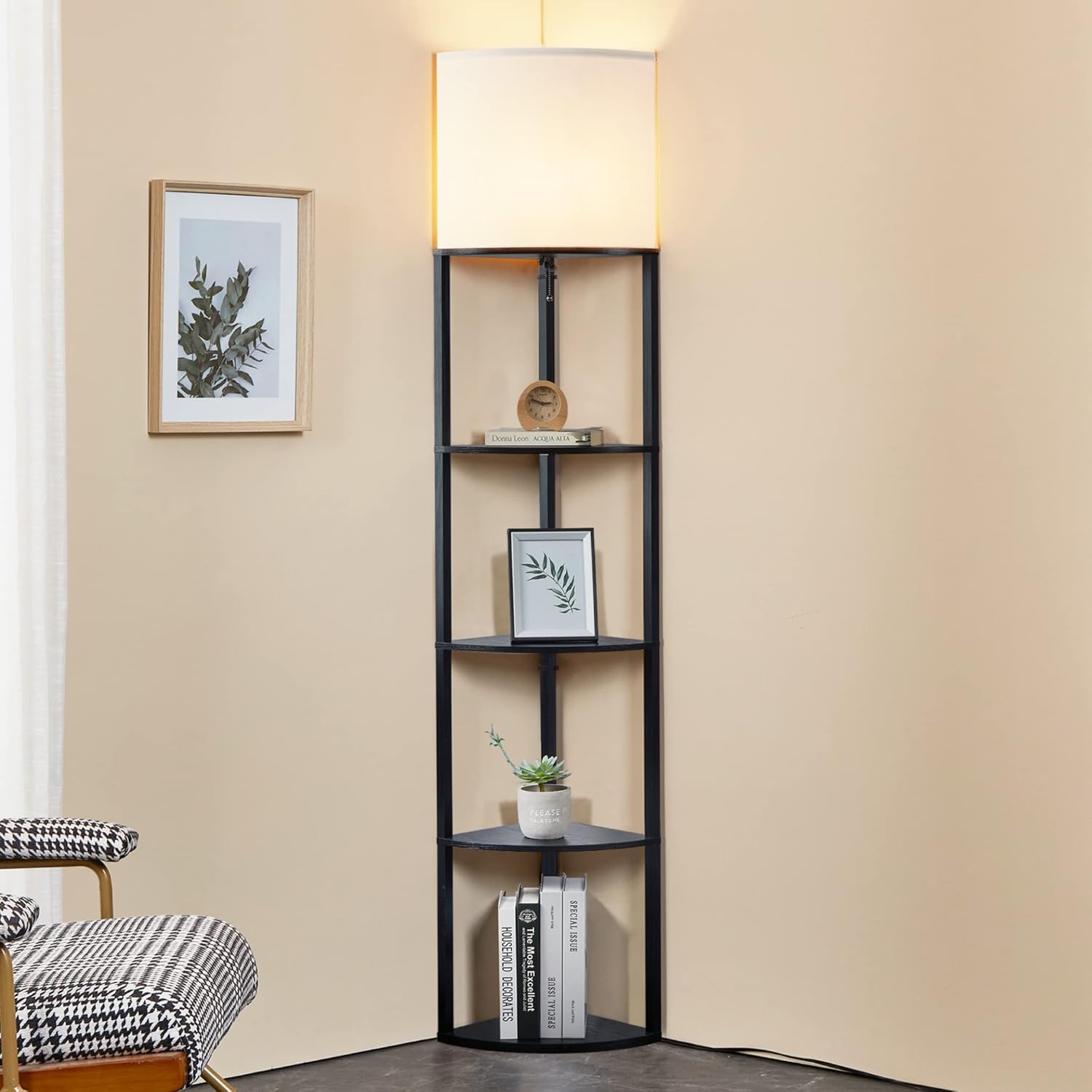 ATAMIN Corner Floor Lamp with Shelves for Cozy Spaces