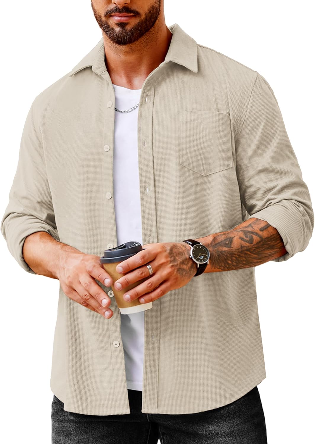COOFANDY Men's Waffle Button Down Shirt for Casual Style
