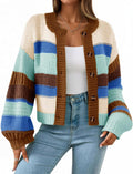 Womens Striped Chunky Cardigan Sweater - Color Block Button Up