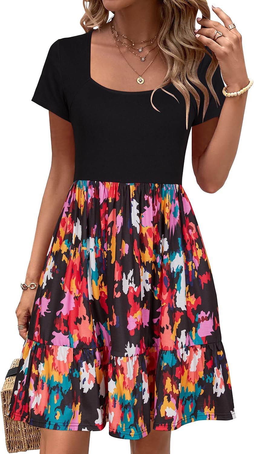 Newshows Women Summer Dress Square Neck Short Sleeve Sundress