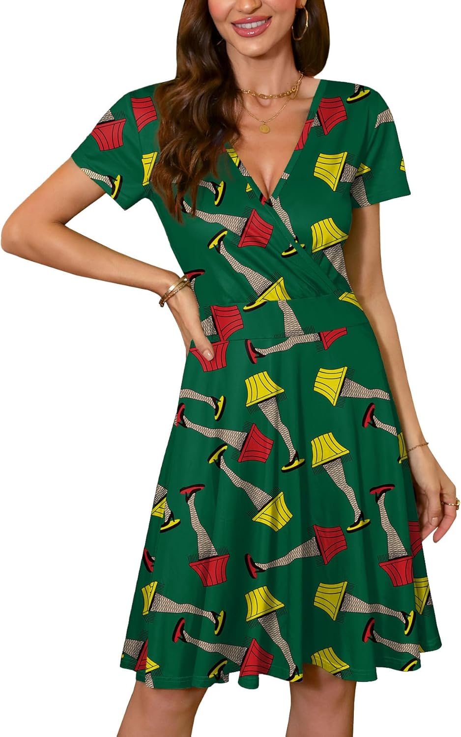 Stylish Women's Christmas Short Sleeves V Neck Wrap Dress