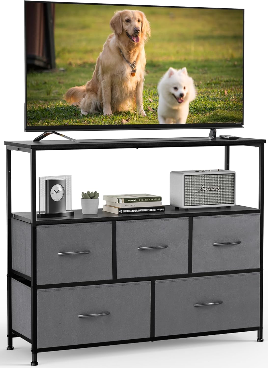 DUMOS TV Stand Dresser with 5 Fabric Drawers for Storage
