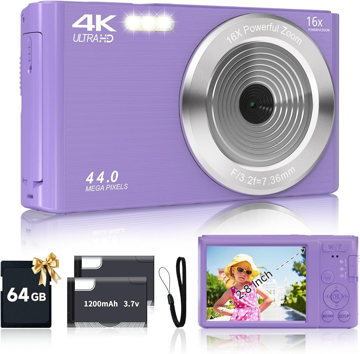 44MP Purple Teens Camera, 16X Zoom, 64GB SD