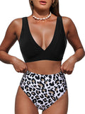 Leopard Print Women's High Waisted Bikini Set - Flattering V Neck