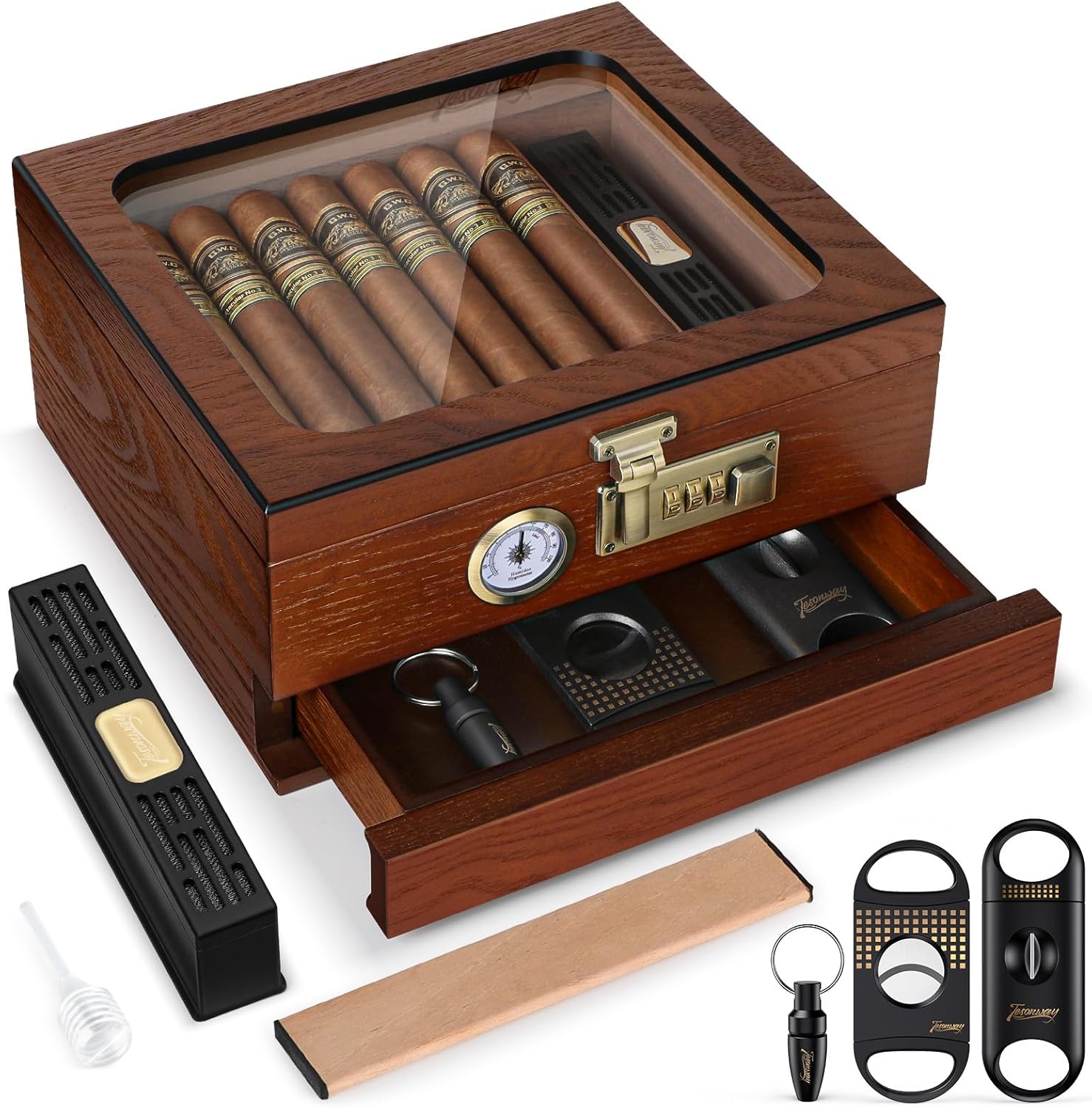 Cedar Wood Cigar Humidor with Glass Top and Accessories Drawer