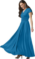 Blue Teal Quartz Plus Size V-Neck Short Sleeve Maxi Dress - Flowy Fit