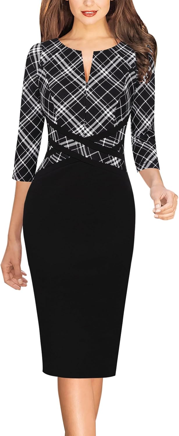 VFSHOW Womens Wear to Work Slim Colorblock Crisscross Dress