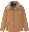 Vetinee Women Casual Faux Fur Lapel Zip Pockets Puffer Coat