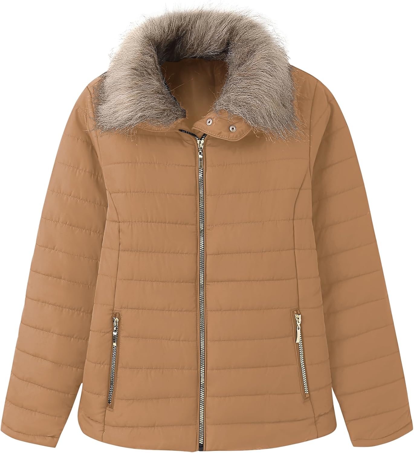 Vetinee Women Casual Faux Fur Lapel Zip Pockets Puffer Coat